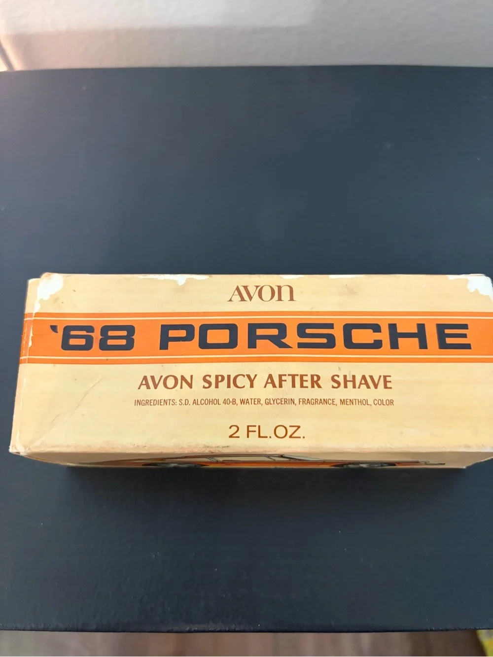 Vintage collectible Avon '68 Porsche Spicy After Shave - Orange and Cream Box